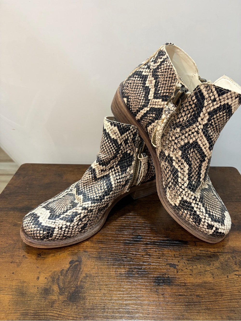 Gianni Bini Snake-Print Ankle Boots in Beige and Black